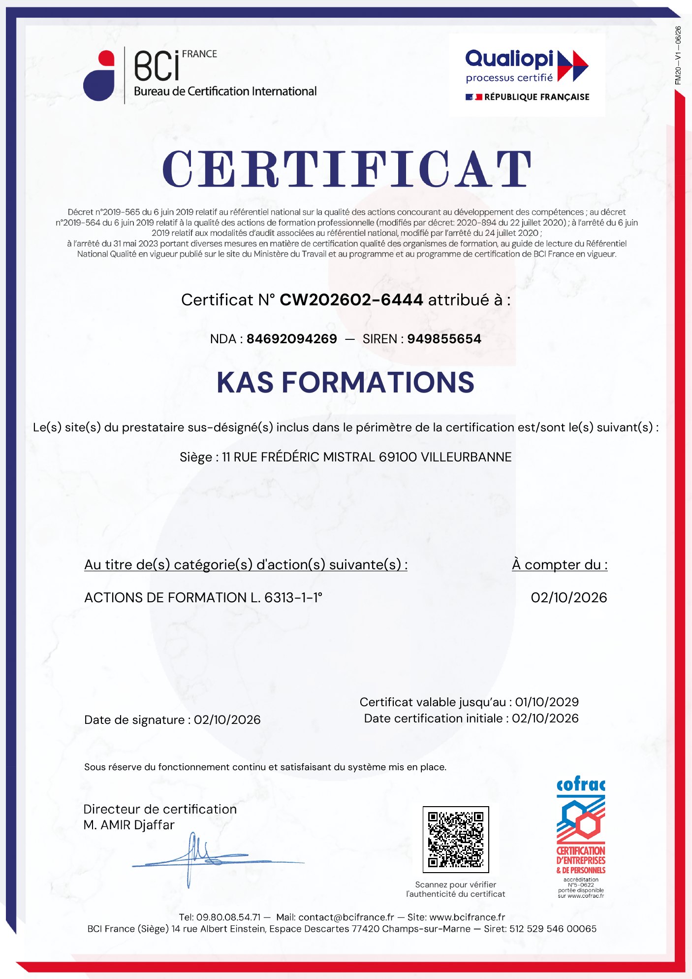 Certificat Qualiopi n° CW202602-6444 délivré à KAS FORMATIONS (NDA 84692094269, SIREN 949855654) par BCI France au titre des actions de formation, à compter du 02/10/2026, valable jusqu'au 01/10/2029